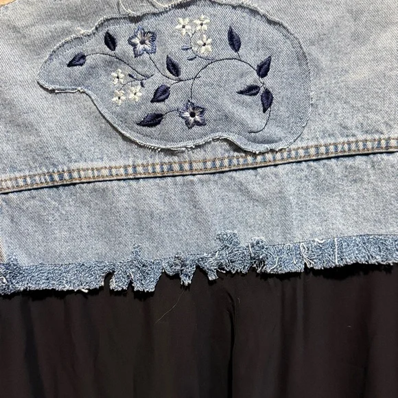 Sleeveless denim & black chiffon long sequin jacket duster high low custom flowy - Picture 13 of 14